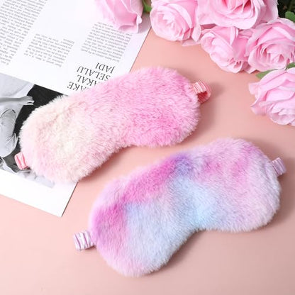 2 Pcs Plush Eye Mask Soft Sleeping Blindfold Eye Cover Comfortable Furry Faux Fur Sleeping Mask Satin Nap Night Eyeshade Cover for Women Men Gift (Purple, Red) - color: Purple&red