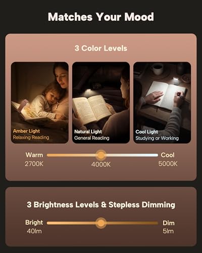 86lux Book Light, Rechargeable Clip-On LED Reading Light for Bed & Night Use - 3 Color Temperatures with Stepless Dimming, Ultralight Bookmark Design for Kids, Book Lovers, Pink Brown - color: Rose Gold