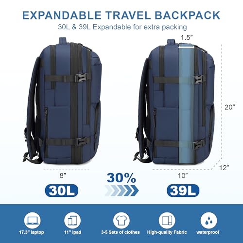 BAGOK Carry On Travel Backpack, 35L-40L Expandable Extra Large Airline Approved,Lightweight Daypack for Men and Women（Blue） - color: Blue, size: Large