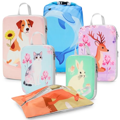 Gonex Compression Packing Cubes, 6pcs Expandable Storage Travel Luggage Bags Organizers with Shoe Bag Laundry Bag, Travel Cubes for Suitcase Carry On (Animals) - color: 6-Animals, size: 6 Set