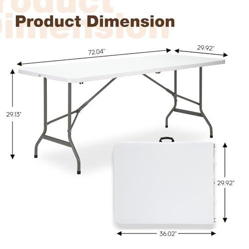 Folding Table 6ft, Heavy-Duty 500lbs Weight Capacity Foldable Table with HDPE Top & Steel Legs, Portable 6 Foot Picnic Table for Indoor Outdoor Parties, Camping, Event