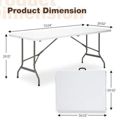 Folding Table 6ft, Heavy-Duty 500lbs Weight Capacity Foldable Table with HDPE Top & Steel Legs, Portable 6 Foot Picnic Table for Indoor Outdoor Parties, Camping, Event