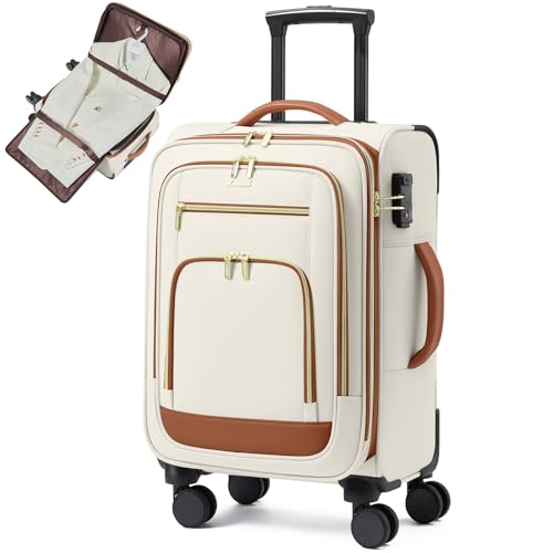 LOVEVOOK Carry on Luggage 22x14x9 Airline Approved, 22 Inch Large Rolling Suitcase with Garment Bag & Spinner Wheels, Softside Lightweight Underseat Carryon Luggage for Women Travel with TSA Lock - color: Beige-brown, size: 22 Inch With Garment Compartmen