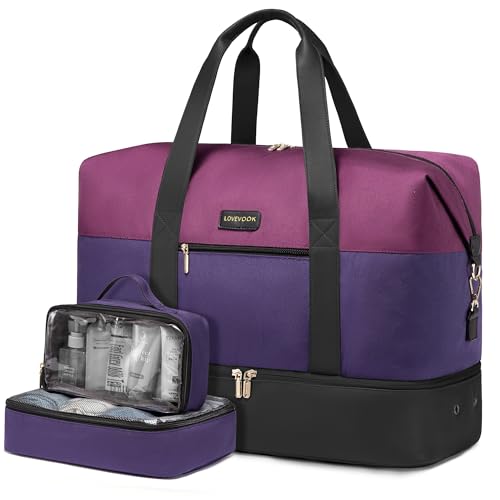 LOVEVOOK Weekender Bag for Women, Large Duffle Bag for Travel with 2 Packing Cubes, Carry on Overnight Bag with Shoe Compartment, Mom Hospital Bags for Labor and Delivery - color: Black-Purple-Blue, size: 56L-3Pcs