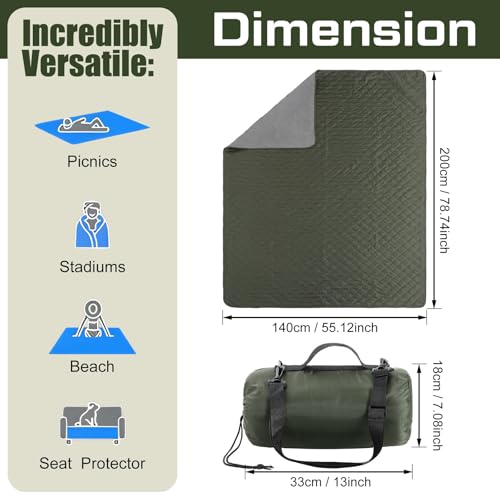Tranqun 2 Large Outdoor Blanket 78'' x 55'' Quilted Windproof Waterproof Fleece Sandproof Stadium Foldable Warm Blanket for Camping Picnic Sporting Events Cold Weather (Military Green) - color: Military Green