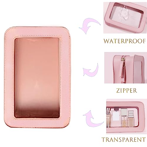 Clear and Waterproof Makeup Bag Portable Travel Cosmetic Case Organizer for Women Toiletry Pouch with Transparent Vinyl Windows & Zippers (Pink) - color: Pink