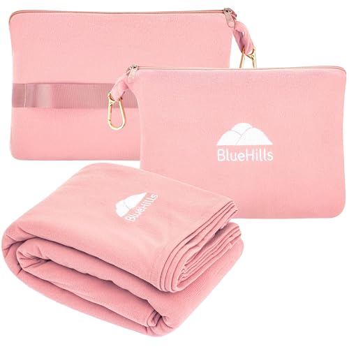 BlueHills Travel Blanket Pillow Compact Lightweight Pocket Size Airplane Traveling Essential Flight Trip Throw in Bag Portable Case Plane Accessory Pink L02 - color: L02-pink