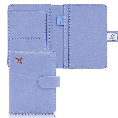 Melsbrinna Premium Leather Passport Holder Covers Case, Waterproof Rfid Blocking Travel Wallet Passport Holder with Pen Holder, Cute Passport Book for Women/Men - color: AR-Light blue