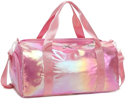 Gym Bag Sports Duffle Bag with Wet Pocket Weekender Overnight Bag with Waterproof Shoe Pouch and Air Hole for Girls Kids Women Travel Foldable Bag - color: W-Pink