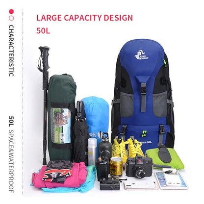 Bseash 50L Hiking Backpack, Water Resistant Lightweight Outdoor Sport Daypack Travel Bag for Camping Climbing Skiing Cycling (Blue - No Shoe Compartment) - color: Blue - No Shoe Compartment