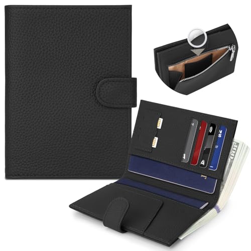 Genuine Leather Passport Holder for Women Men, Hidden Airtag Pocket, RFID Blocking, Zippered Coins Pocket & Cash Compartment Travel Gifts Essentials Passport Cover Case - Black - color: Black