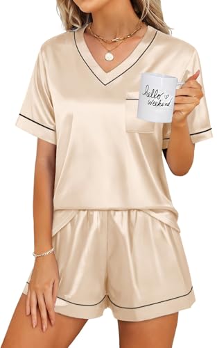 WIHOLL Silk Pajamas for Women Short Sleeve Sleepwear Soft Lounge Sets 2 Piece Satin Pjs - color: Champagne, size: Small