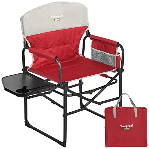 SUNNYFEEL Camping Directors Chair, Heavy Duty,Oversized Portable Folding Chair with Side Table, Pocket for Beach, Fishing,Trip,Picnic,Lawn,Concert Outdoor Foldable Camp Chairs - color: Padded Red