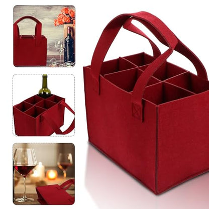 6 Bottle Wine Carrier with Divider Felt Wine Storage Tote Bag, Portable Reusable Wine Travel Bag with Handle for Christmas Travel Camping Picnic Party (Red) - color: Red