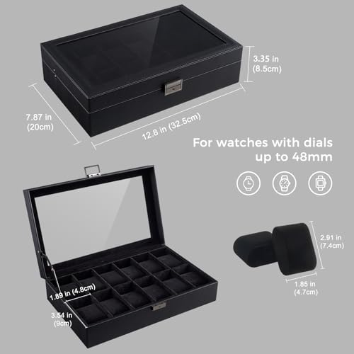ProCase 12 Slot Watch Case Box for Men, PU leather Man Watch Organizer with Soft Pillow, Lockable Watch Collection Storage Holder with Glass Display Lid, Fathers Day Gift for Dad -AllBlack - color: AllBlack, size: 12-Slot