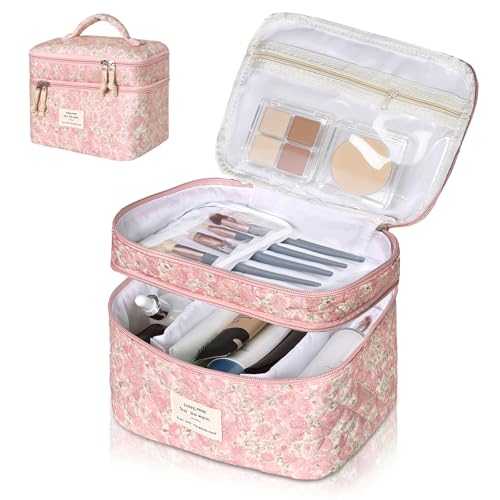 Gosect Makeup Bag, Portable Travel Make up Bag, Large Capacity Quilted Cosmetic Organizer Bag, Cute Floral Toiletry Bag for Women Girls (Pink Floral) - color: Pink Floral