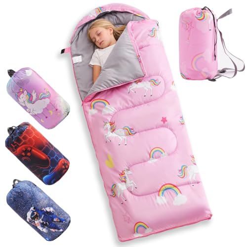 tuphen Kids Sleeping Bag - 50-77℉ 3-Season Waterproof Sleeping Bag for Boys & Girls, Lightweight 2.2 lbs Camping Gear with Compression Bag Ideal for Camping, Hiking, Indoor - color: Pink
