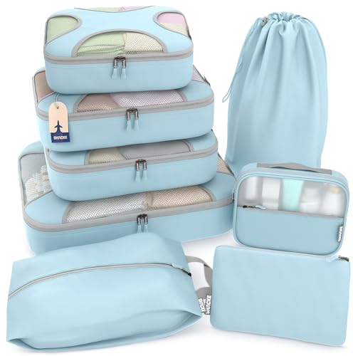 Shacke 8 Set Packing Cubes for Travel – Complete Luggage Organizer Set with Laundry, Shoe, Toiletry & Accessories Bag, Suitcase Travel Organizer (Sky Blue) - color: 8 Set - Sky Blue, size: Set of 8