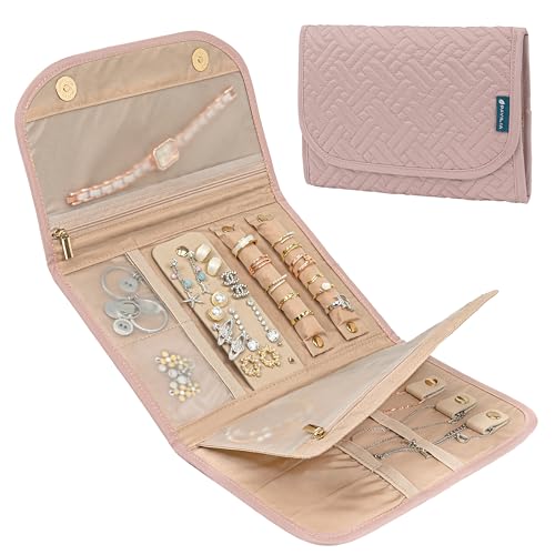 PAVILIA Travel Jewelry Case Organizer, Foldable Jewelry Travel Roll Bag, Small Jewelry Travel Pouch Wallet for Earrings, Rings, Necklaces, Bracelets, Travel Packing Accessories (Quilt Pink) - color: Quilt Pink