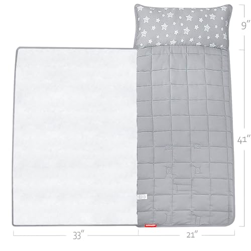 Moonsea Toddler Nap Mat with Pillow and Fleece Minky Blanket Grey, Lightweight and Soft Perfect for Toddlers Preschool, Daycare, Travel Sleeping Bag for Girls, 21" x 50" Fit on a Standard Cot - color: Beige Grey
