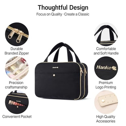 Hanke Hanging Travel Toiletry Bag for Women with Jewelry Organizer Compartment, Travel Essentials Toiletries and Makeup Bag, Water-Resistant & Stain-Resistant with Trolley Strap (Black) - color: Black