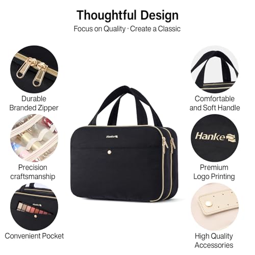 Hanke Hanging Travel Toiletry Bag for Women with Jewelry Organizer Compartment, Travel Essentials Toiletries and Makeup Bag, Water-Resistant & Stain-Resistant with Trolley Strap (Black) - color: Black