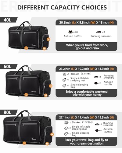 Gonex Large Foldable Travel Duffle Bag with Shoes Compartment, Packable Lightweight Water Repellent Duffel Bag for Camping Gym Weekender Bag - color: Black, size: 150L