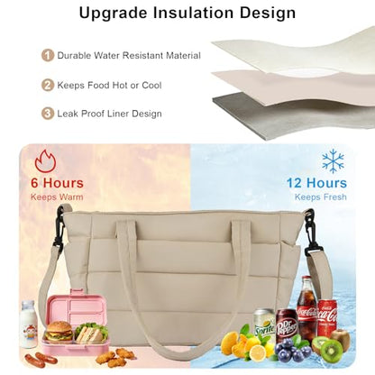Lunch Bag Women Puffy Quilted Tote Bag Stylish Insulated Lunch Tote Bag with Large Capacity and Shoulder Strap Portable Lunch Cooler Bags for Women, Work Office, Travel, Picnic, Meal Prep - color: Camel