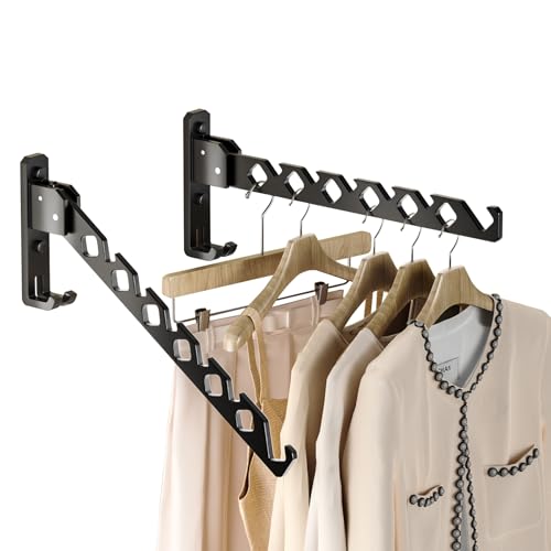 Dr.DJ Wall Mount Coat Hanger Holder Black Clothes Drying Organizer Rack Garment Hooks Aluminium Retractable Folding Indoor Wall Mounted Hanger Space Saver for Laundry Room Bedroom Black 2Pack - color: Black 2Racks