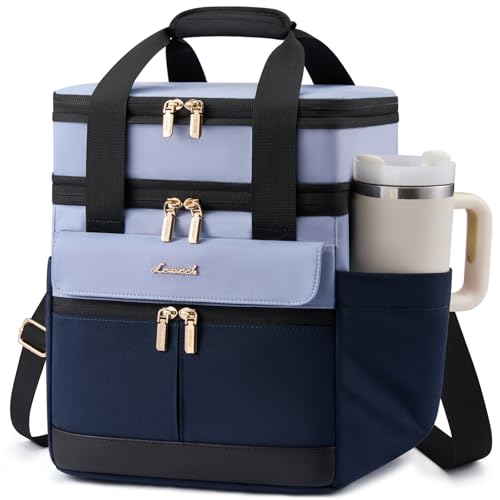 LOVEVOOK Insulated Lunch Bag Women Men,Expandable Double Deck Lunch Box for Women With Large Cup Holder,Leakproof Cooler Bag For Adult Lunch Tote Bag Work Picnic Beach with Adjustable Shoulder Strap - color: Dark Blue with Light Blue with Black, size: Lar
