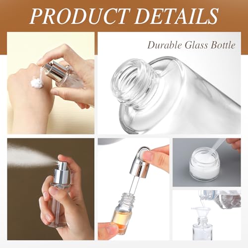 Jingmore 13 Pcs Glass Skincare Travel Containers Mini Makeup Containers Travel Size Toiletries Bottles with Pump Spray and PU Leather Toiletry Bag for Liquid Serum Cream Moisturizers Oils (Silver) - color: Silver