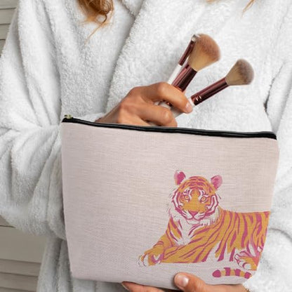 Preppy Tiger Makeup Bags, Pink Tiger Print Gifts Cosmetic Bags for Women, Small Trendy Aethetic Tigers Animal Lovers Gift Zipper Makeup Bag Pouches for Purse - color: PinkTiger