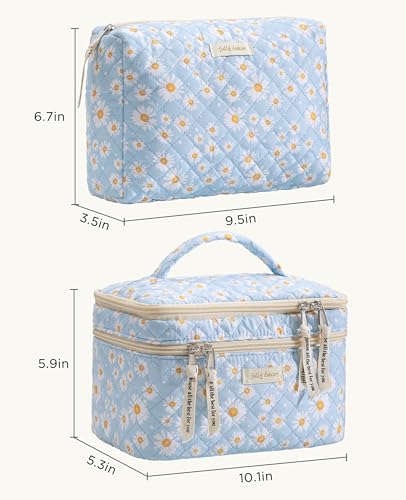 HBselect 2Pcs Travel Makeup Bag, Large Cotton Quilted Makeup Bag Cosmetic Bag Cute Make up Bag Toiletry Bags for Women Girls - color: 2PCS-DAISY
