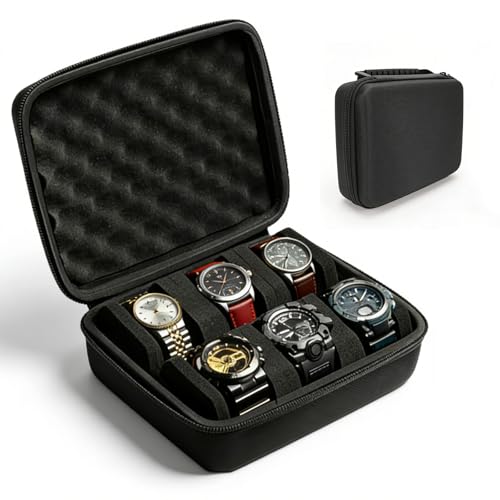 Hard Shell Watch Cases,6-Slot Watch Storage Organizer, Travel Watch Cases for Men and Women, Portable Display & Protection Box for Watches (Black)