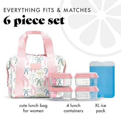 Fit & Fresh Remi Lunch Bag for Women Work – Neoprene Lunch Tote with Containers & Ice Pack, Reusable Meal Prep Lunch Box, Large Capacity, Machine Washable, Dainty Bows - color: Dainty Bows