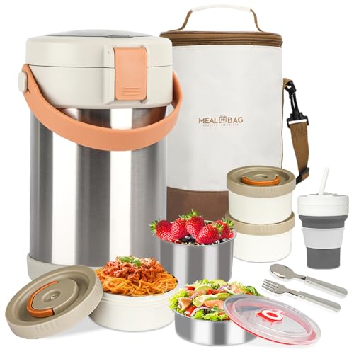 67oz/2L Thermo for Hot Food, 304 Stainless Steel Vacuum Insulated Soup Thermo, Leak-Proof Thermal Lunch Box with 3 Stackable Bento Boxes for Adults Office Travel Camping, Large thermo for hot food - color: stainless steels