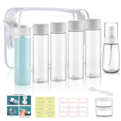 Travel Bottles for Toiletries 9 PCS 3.4oz TSA Approved Travel Size Containers Leak Proof Plastic Squeeze Bottle Small Cream Jars & Refillable Spray Bottle for Shampoo Conditioner Toner(Clear) - color: B-Clear