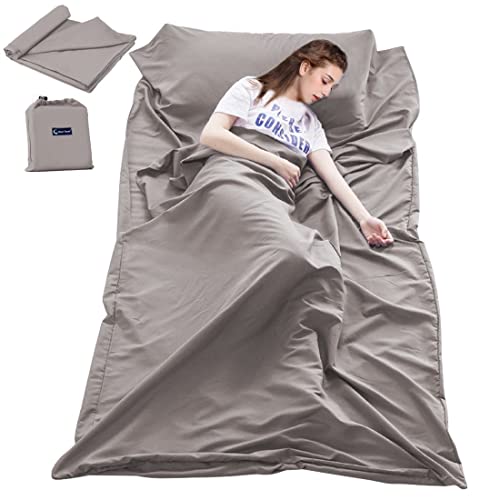 Sleeping Bag Liner Travel Sheets for Hotel Camping Sheets Travel Bed Sheets for Hotel Lightweight Single &Double Compact Sleeping Bag Sack Breathable Travel Sleeping Bag for Hotels Adult Compact Sacks - color: Khaki Grey, size: 82.7 X 63 Inch