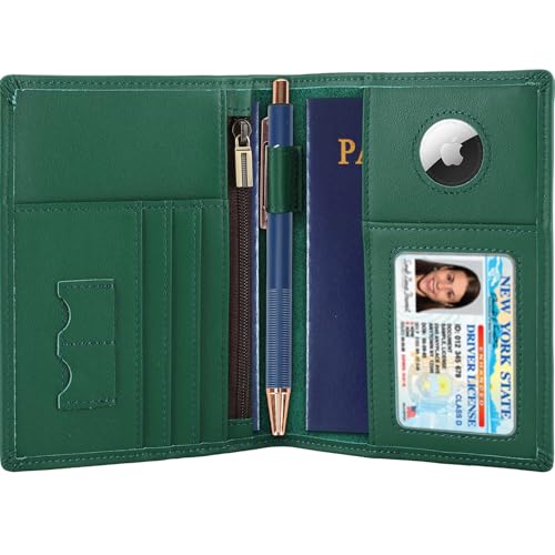 STAR VISTA Phoenix Leather Passport Holder, Calfskin Leather Travel Wallet - RFID Blocking, ID Window, Zipper Pocket, Pen & Notebook Included, AirTag Holder, Mint - color: Mint Calfskin AirTag