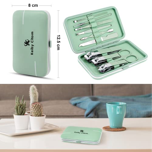 Manicure Set, Travel Mini Nail Clippers Kit Pedicure Care Tools, 10pcs Stainless Steel Grooming kit (Green) - color: Green