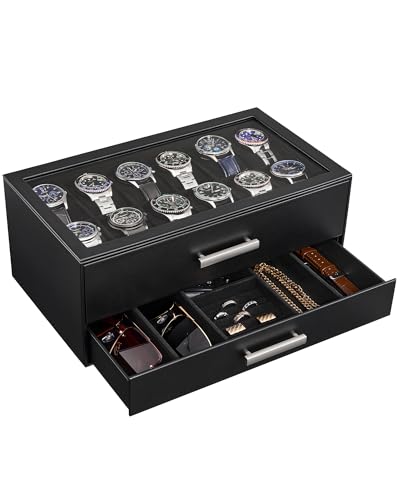 ProCase 12-Slot Watch Box, 2-Tier Pull-Out Drawers Display Case for Men, Fathers Day Gift for Dad Men with Clear Top Lid, Jewelry Sunglass Storage Organizer, Anniversary Birthday Gifts -Black - color: Black, size: 12-Slot