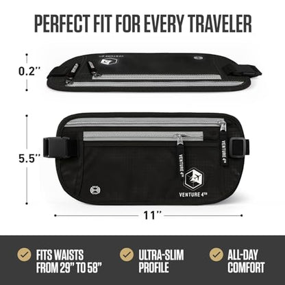 VENTURE 4TH Money Belt for Travel – Slim Hidden Under-Clothes RFID Blocking Anti-Theft Passport Holder & Travel Wallet Pouch for Men & Women to Protect Cash, Cards & Documents (Black) - color: Black
