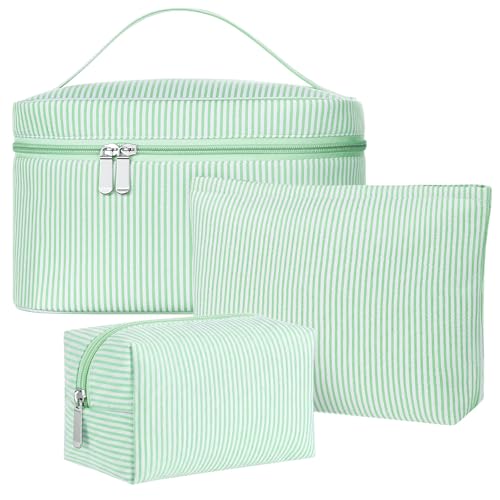 Huhumy 3 Pieces Makeup Bag Set for Women Cute Seersucker Cosmetic Pouch Travel Toiletry Bag Preppy Small Makeup Purse Pouch Aesthetic Skincare Brushes Storage Organizer for Women(Green) - color: Green