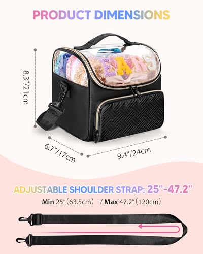 Mouse Ears Travel Case with Detachable Divider, Headband Holder Organizer Bag with Shoulder Strap, Chenille Letter Hair Accessories Storage Box, Black with Gold Zipper - color: Black-Gold Zipper