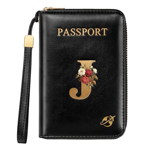 Passport Holder Cover Wallet with Zipper Personalized Initial Letter J Rose Flower RFID Blocking Travel Wallets Credit Cards Holder for Women, Gift for Wife and Girlfriend,J - color: Black, size: J