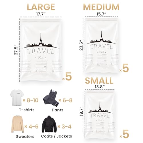 TAILI 15 Travel Compression Bags, Roll Up Space Saver Bags (5 Small+5 Medium+5 Large), Hand Roll Packing Storage Bags for Luggage, Suitcase and Cruises, No Pump or Vacuum Needed, Clear