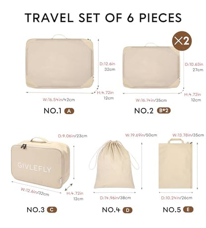 GIVLEFLY Compression Packing Cubes for Travel, 6-Piece Lightweight Luggage Organizer Bags, Space Saving Suitcase Packing Set for Women - color: Beige