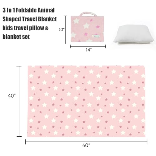 3-in-1 Kids Travel Blanket and Pillow Set - 40x60 Inches Soft Pink Star Design,Kids Travel Blanket Airplane Compact with Bag, Potable Pillow Blanket for Travel Airplane Train Bed Office - color: Pink Star