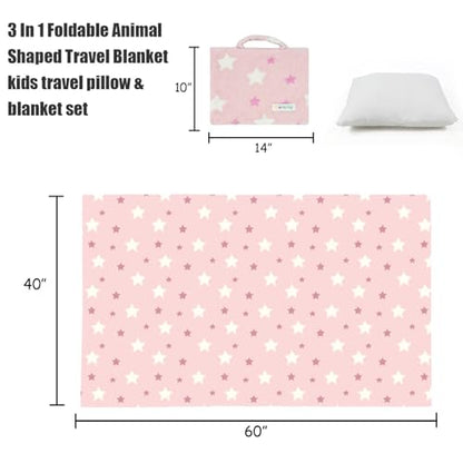 3-in-1 Kids Travel Blanket and Pillow Set - 40x60 Inches Soft Pink Star Design,Kids Travel Blanket Airplane Compact with Bag, Potable Pillow Blanket for Travel Airplane Train Bed Office - color: Pink Star