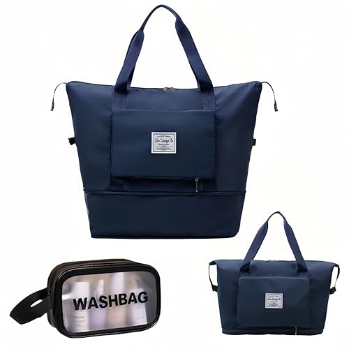 Large Capacity Foldable Travel Bag, Expandable lightweight Carry on Bag, Dry with Wet Separation Spor Duffel Bags (Dark Blue+Toiletry Bag) - color: Dark Blue+Toiletry Bag